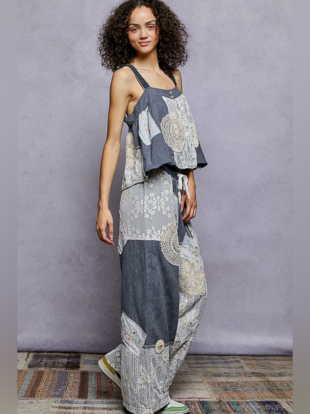 POL Blue Patchwork Cropped Jumpsuit Set with Lace Appliqué - Picture 8 of 11